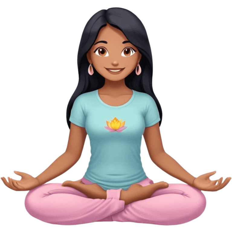 Cute chibi-style illustration of an Argentinian woman with long black hair, sitting in a lotus position, beaming with happiness, with a joyful, radiant smile and sparkling, expressive eyes, wearing clothing in color #8968A6, soft pastel shading, clean and smooth lines, white background, warm and friendly digital cartoon style, highly detailed, 8k resolution
 emoji