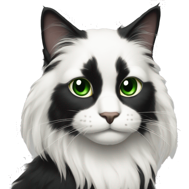 All Black long haired cat with white patch on chest and white paws and green eyes and black nose emoji