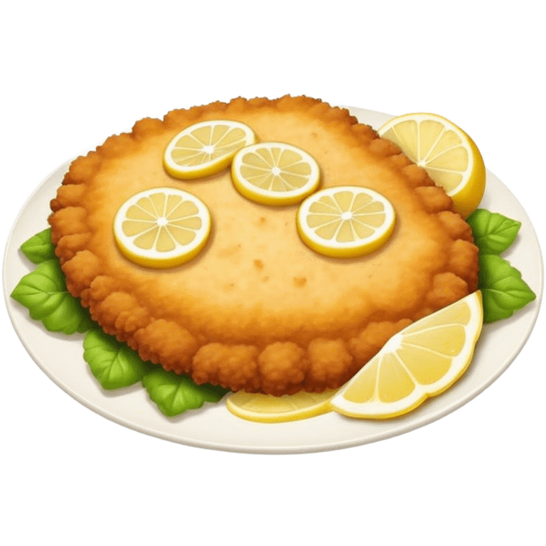 Cinematic Realistic Veal Schnitzel Dish Emoji, depicted as a golden, breaded veal cutlet served with lemon rendered with crisp textures and inviting, natural lighting. emoji