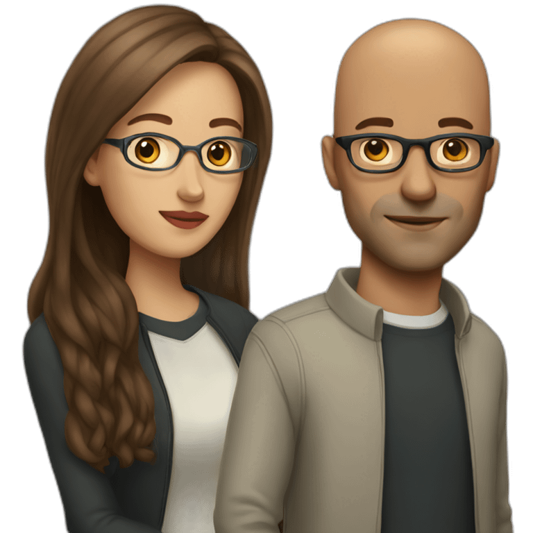 woman with long brown hair and bald man with glasses emoji