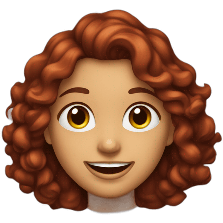 mujer con pelo rizado pelirrojo, sonriente y ojos marrones verdosos levantando las manos de alegría emoji