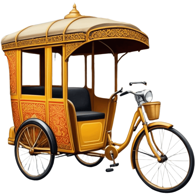 Cyclo rickshaw – Cinematic Realistic Cyclo Rickshaw, depicted as a charming, ornately painted three-wheeled cycle taxi with vintage detailing, set on bustling city streets under dynamic urban lighting that evokes cultural heritage and nostalgic charm. emoji