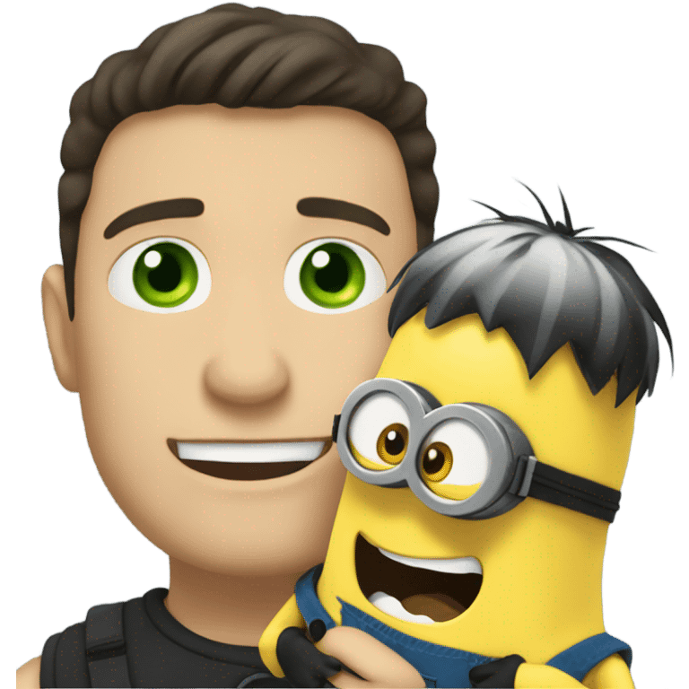 white male, black hair hugging and holding a minion with green eyes emoji