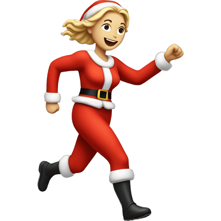 A white woman running, with a large stride and arms outstretched, in a santa costume emoji