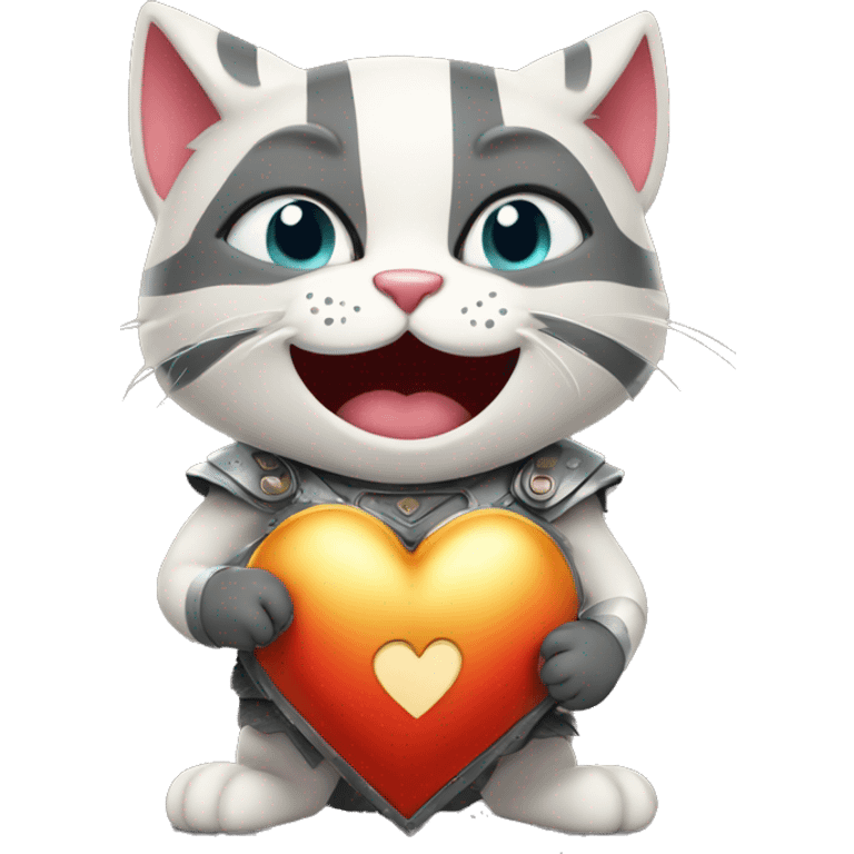 Cat gladiator holding a heart with a laughing crying face {happy}  emoji