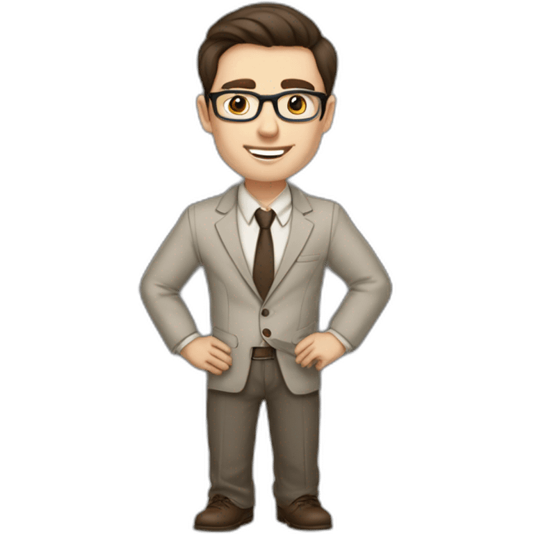 Pale skinned fit man with dark brown hair in gray jacket, beige office shirt, brown tie, brown pants and vintage glasses Writing on the marker board emoji