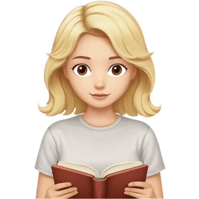 blonde model, brown eyes, medium length wavy hair, comfy t-shirt, reading a book emoji