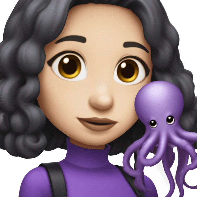 girl with white skin, longish very dark brown/black hair, wearing an all-purple full body outfit, holding a purple octopus in her hand, holding an IQOS in her other hand emoji