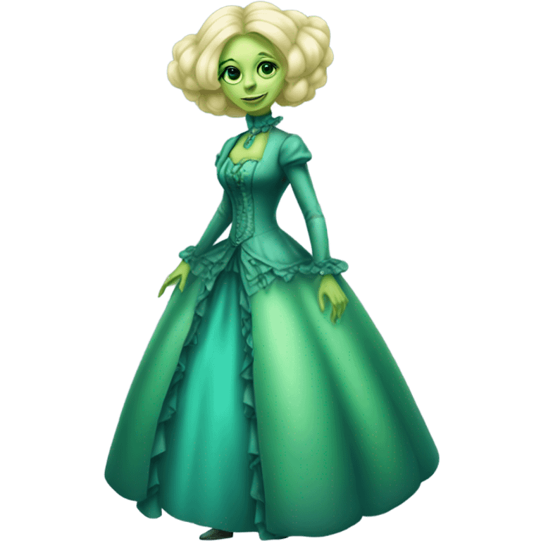 "green blonde alien woman" in cyan Victorian dress elegant, full body emoji