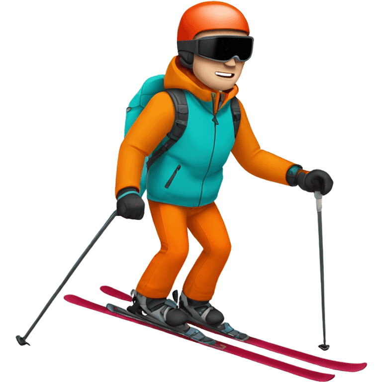 white man skiing wearing an ORANGE JACKET and a RED HELMET and wearing TURQUOISE PANTS emoji