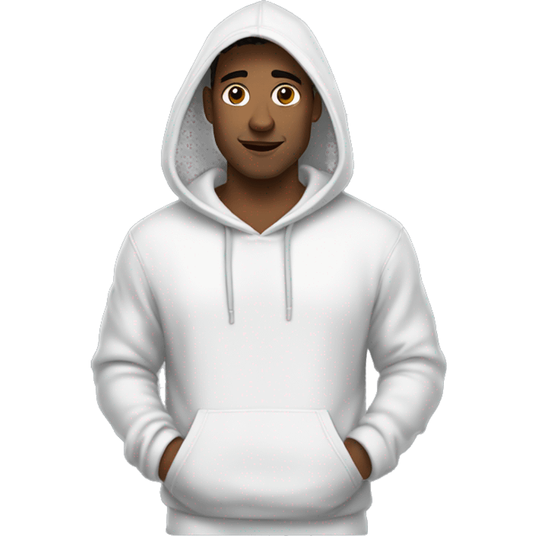 An emoji of a handsome man wearing a white hoodie, with the hood down, showing his hair, and standing confidently with a relaxed expression emoji