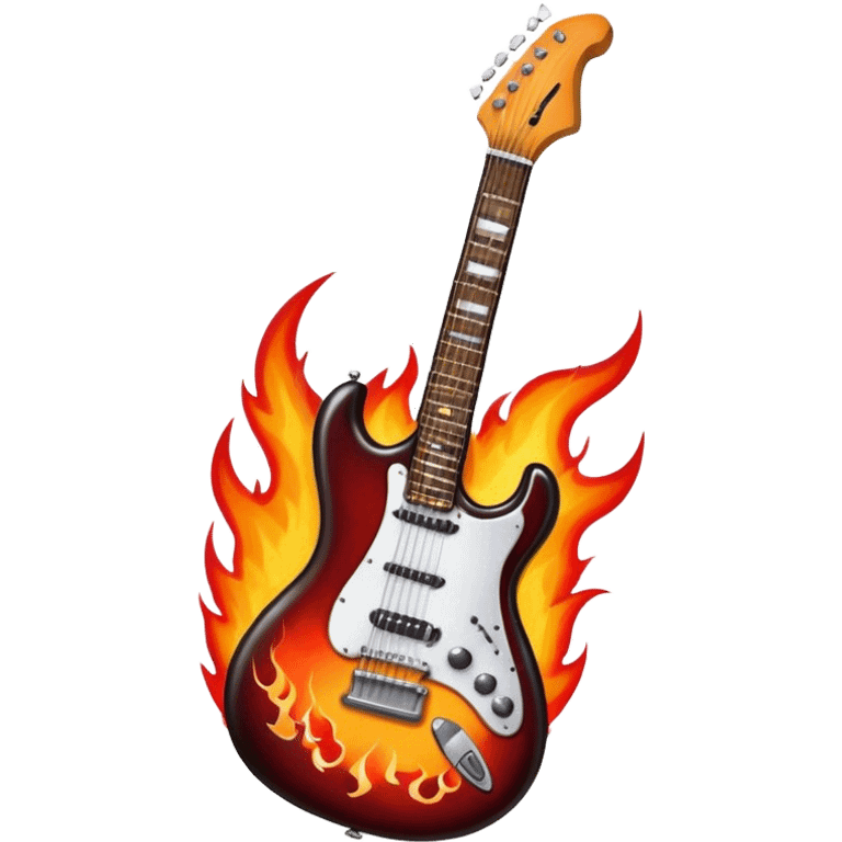 Create a bold and powerful emoji representing rock vocal performance in a humanless collage. The design should feature a vintage microphone at the center, surrounded by a heavy, aggressive hardcore electric guitar with sharp, jagged edges. Include crossed drumsticks behind the guitar, symbolizing the intense rhythm of rock music. Add fiery elements like flames or lightning bolts to enhance the raw energy of the design. Use dark, bold colors like black, red, and silver, with metallic or chrome accents to reflect the rebellious, hard-hitting nature of rock. The background should be transparent. emoji