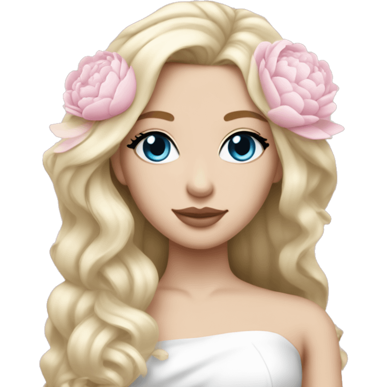 White bride with long light blonde hair and blue eyes with light pink peonies in hair white skin light pink lips emoji