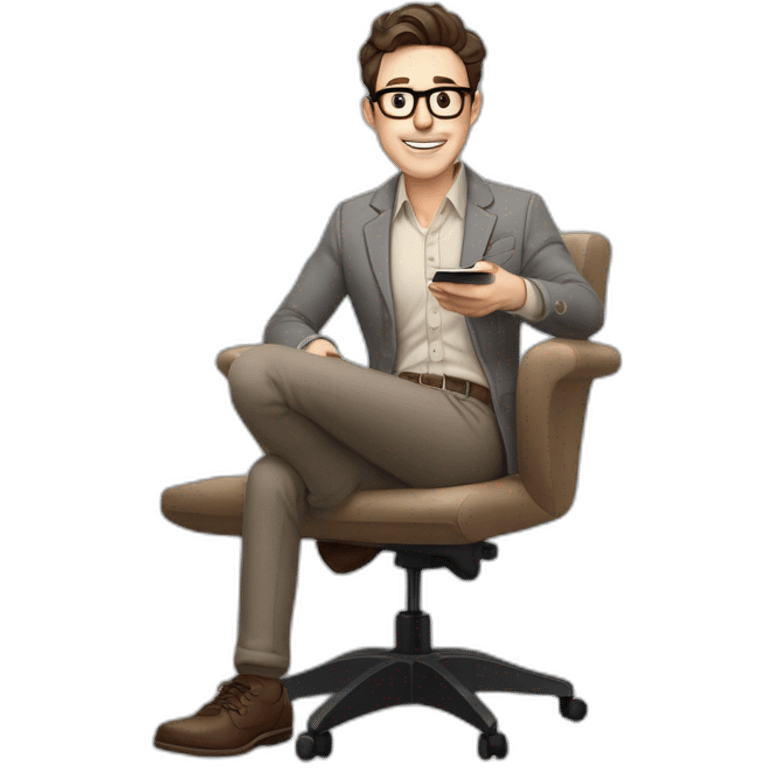 Pale skinned Fit Man With dark brown hair in gray jacket, beige office shirt, Brown pants and vintage glasses In the joke cap sitting In a soft chair with a notebook and a pen  emoji