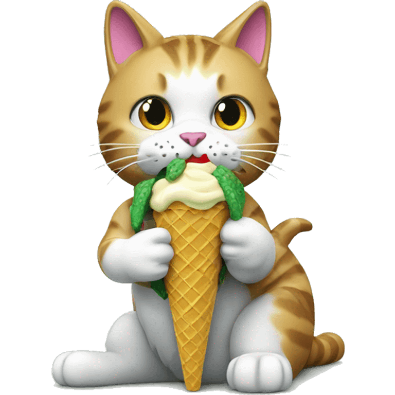 A cat with a crocodile tail making a Lego and eating ice cream emoji