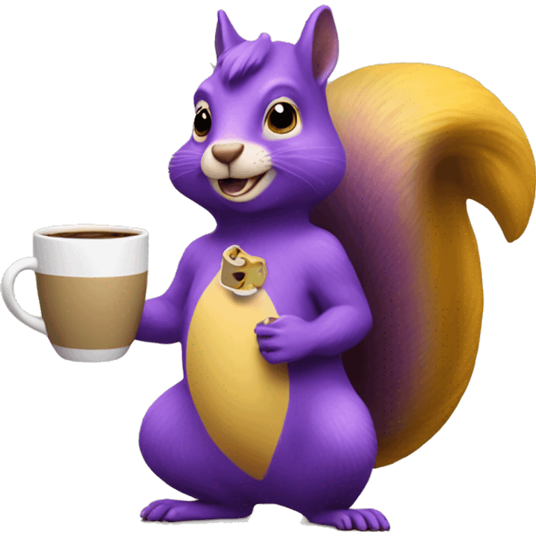 purple squirrel in a yellow dress with a mug of coffee in its paws emoji