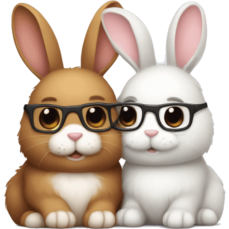 two bunnies. one white fluffy bunny with glasses cuddling brown fluffy bunny WITHOUT glasses emoji