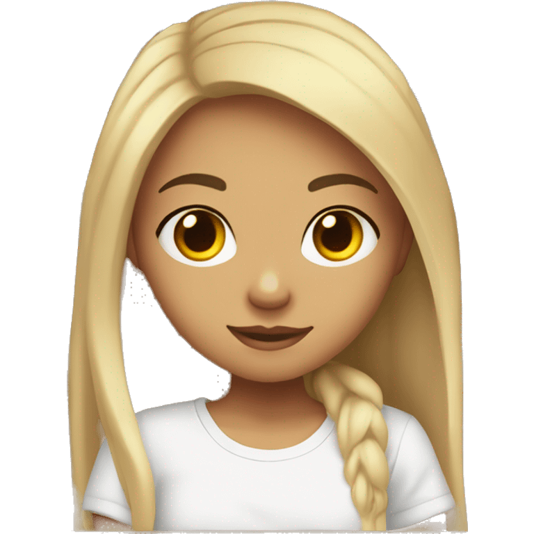 a girl with a light skin tone, dark long hair, in a white T-shirt, sits in front of a computer, there are books next to her emoji