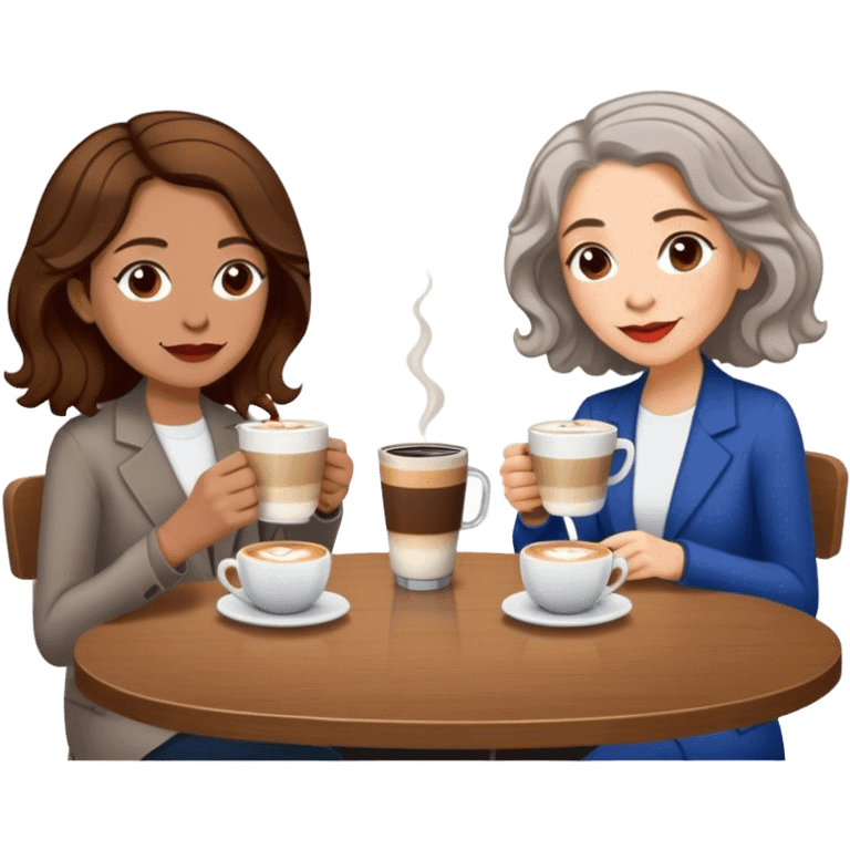 puerto rican woman light skin with shoulder-length, wavy, brown hair drinking latte with older, pale jewish woman with short, red gray, very straight hair drinking espresso at table emoji