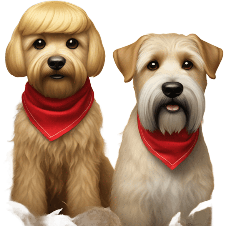 Realistic looking President Donald trump with a wheaten terrier wearing a red bandana emoji