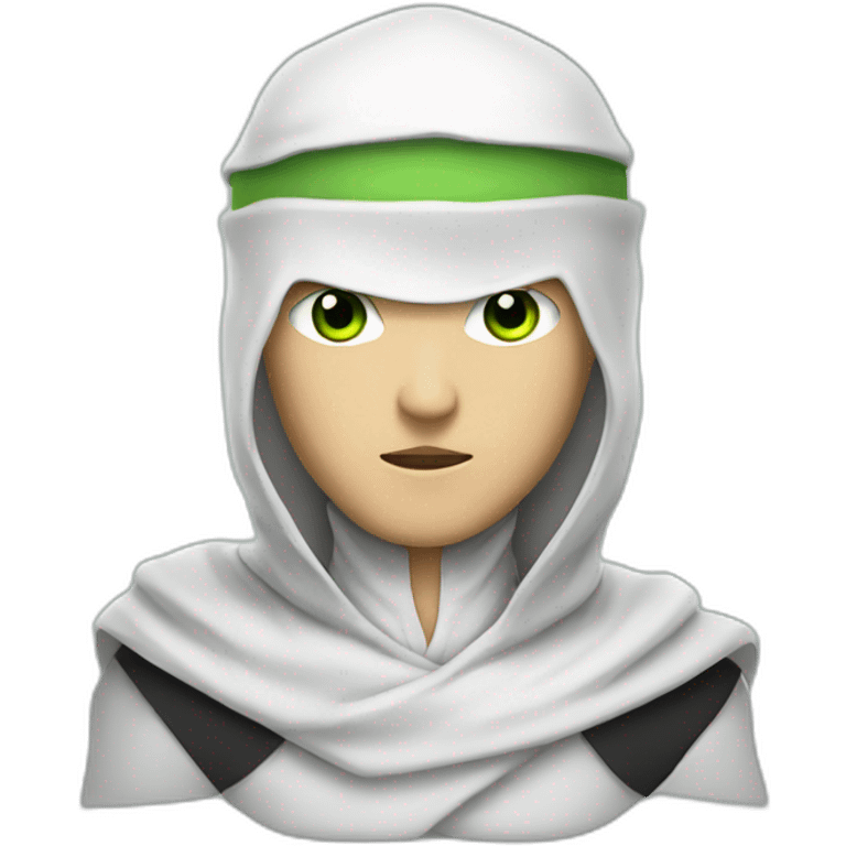 white ninja with a white veil on his head, green eyes emoji