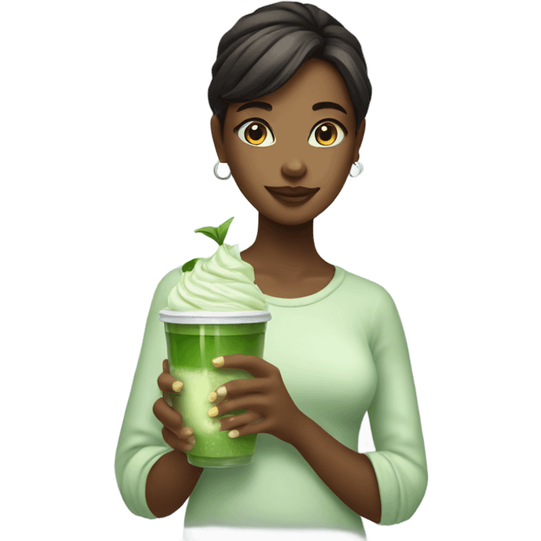 Pretty girl holding a glass cup of iced matcha  emoji