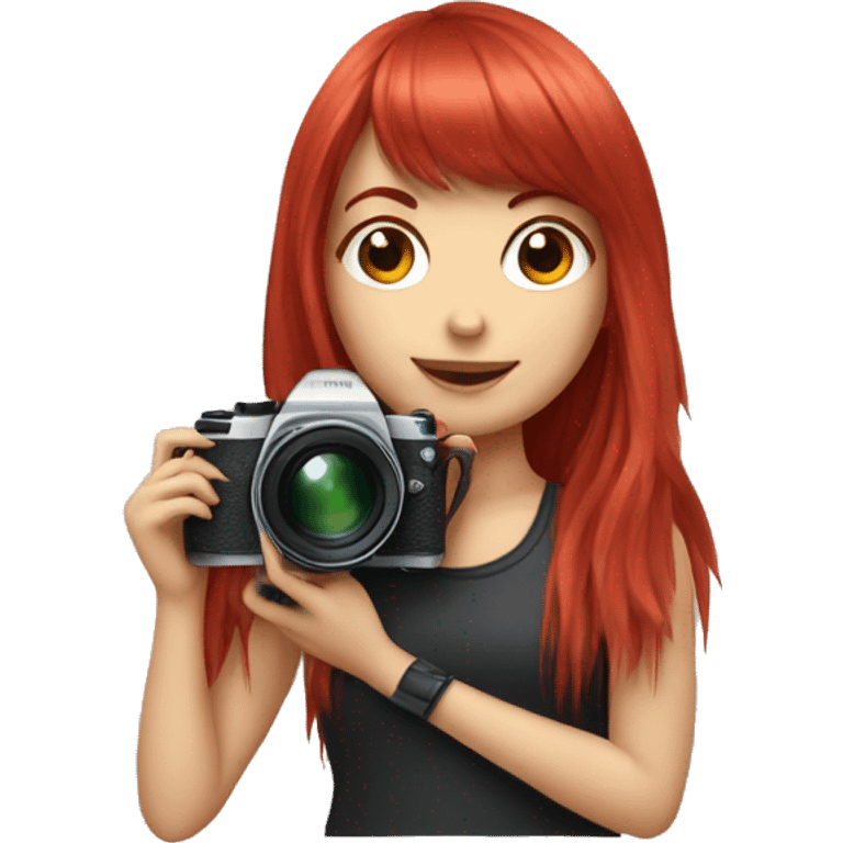 Realistic camera girl with camera and red long hair and bangs emoji