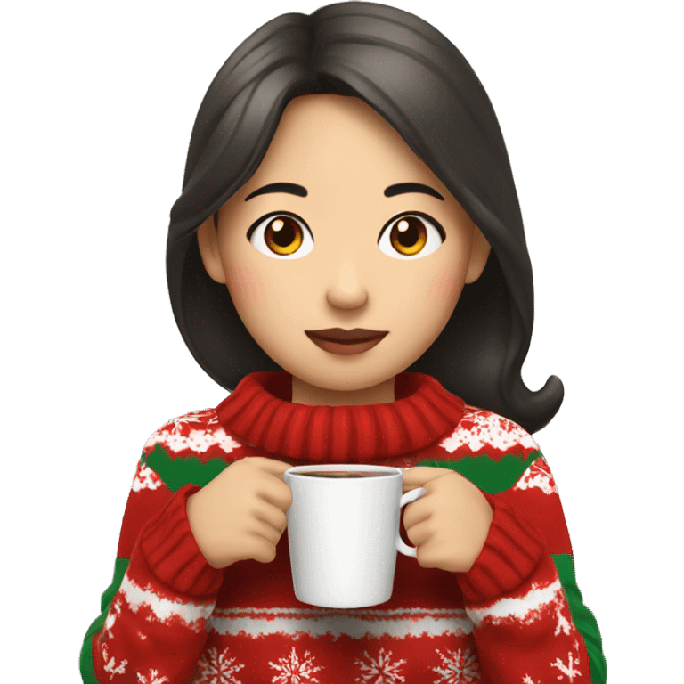 asian girl drinking coffee wearing Christmas sweater emoji