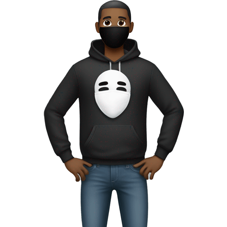 a man with tight stacked jeans that has a white tag sticking out and wearing a black hoodie with a face mask  emoji