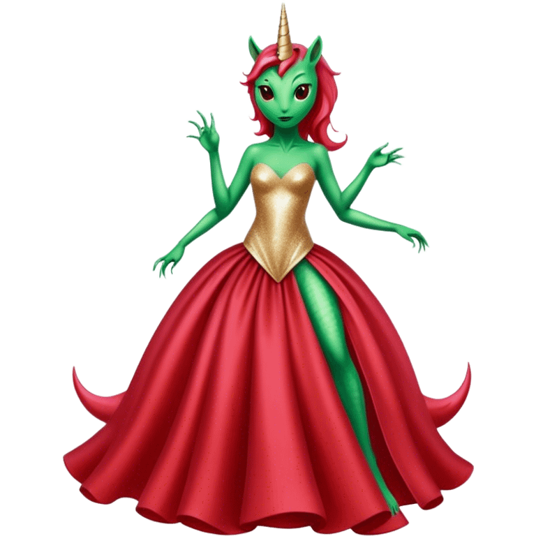 "reptilian green alien woman, in long slim pastel red formal party satin dress with gradient shiny sparkling dark red", rides "unicorn gold and white"
 emoji