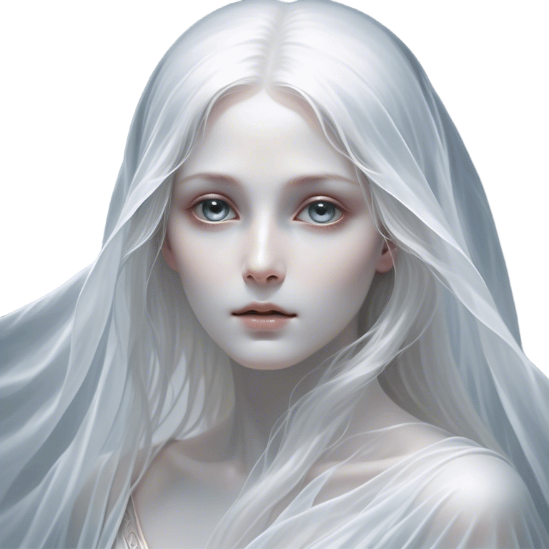 Cinematic Noble Ghost Portrait Emoji, Ethereal and dignified, with a flowing, translucent form in silvery-white hues, wispy and majestic, and a calm, otherworldly expression with deep, thoughtful eyes, simplified yet sophisticated features, highly detailed, glowing with a soft, spectral radiance, high shine, exuding regal mystery and quiet authority, with a soft glowing outline that captures the essence of a ghostly guardian drifting from another realm! emoji