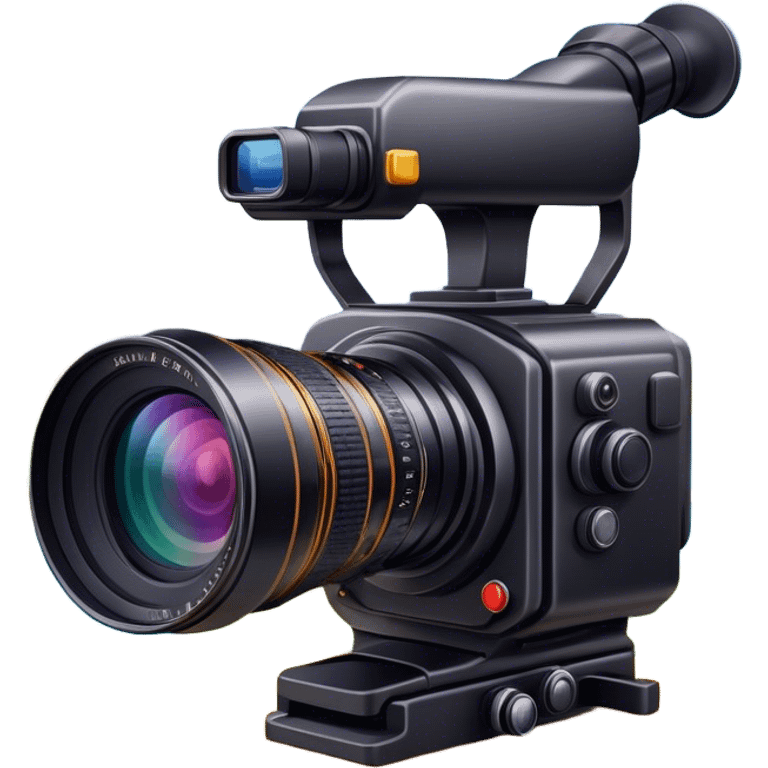 Professional camera with large lens, focused on landscape, vivid colors, camera details, minimalistic, on a white background, no extra elements. emoji