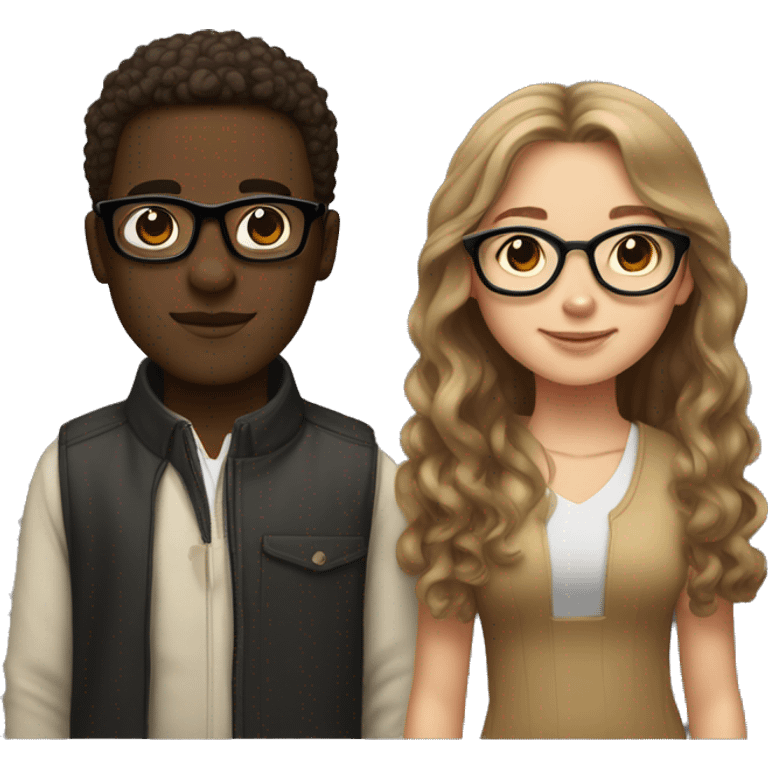 A girl with light skin, long and straight hair which is light brown and black glasses next to a boy who is dark skinned, only he has curly hair and he doesn't have glasses emoji