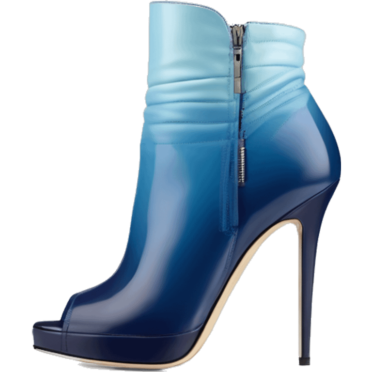 Realistic isolated front facing pair of navy blue to pastel blue ombre Jimmy Choo stiletto heel ankle bootie boots. emoji