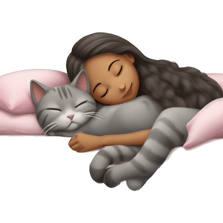 Gray cat sleeping with girl emoji