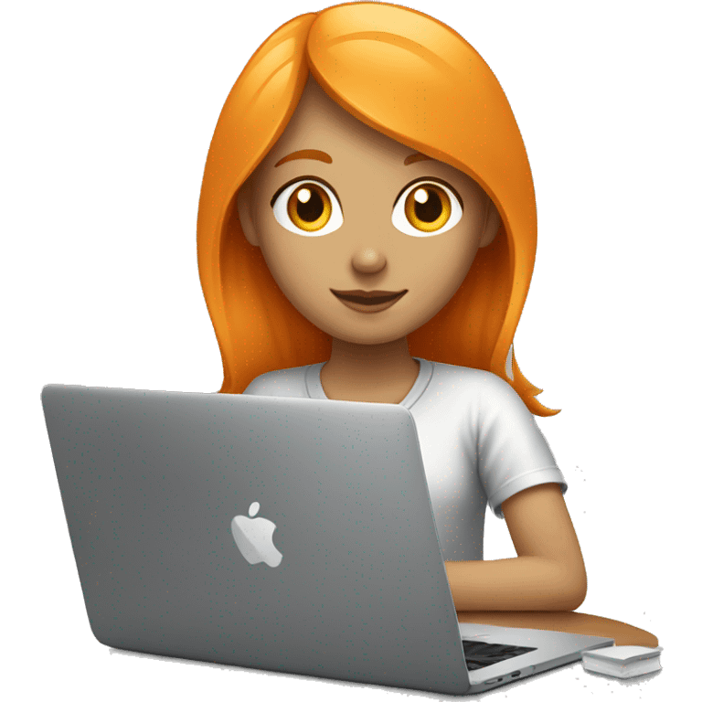 Orange coloured haired girl studying with macbook gray coloured emoji