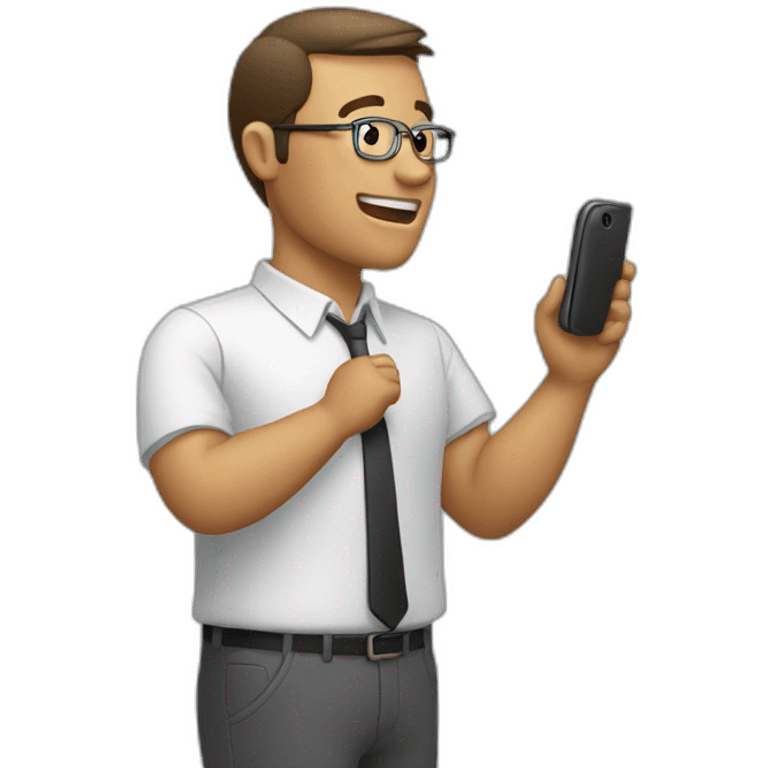 A man talks to his mobile phone sideways emoji