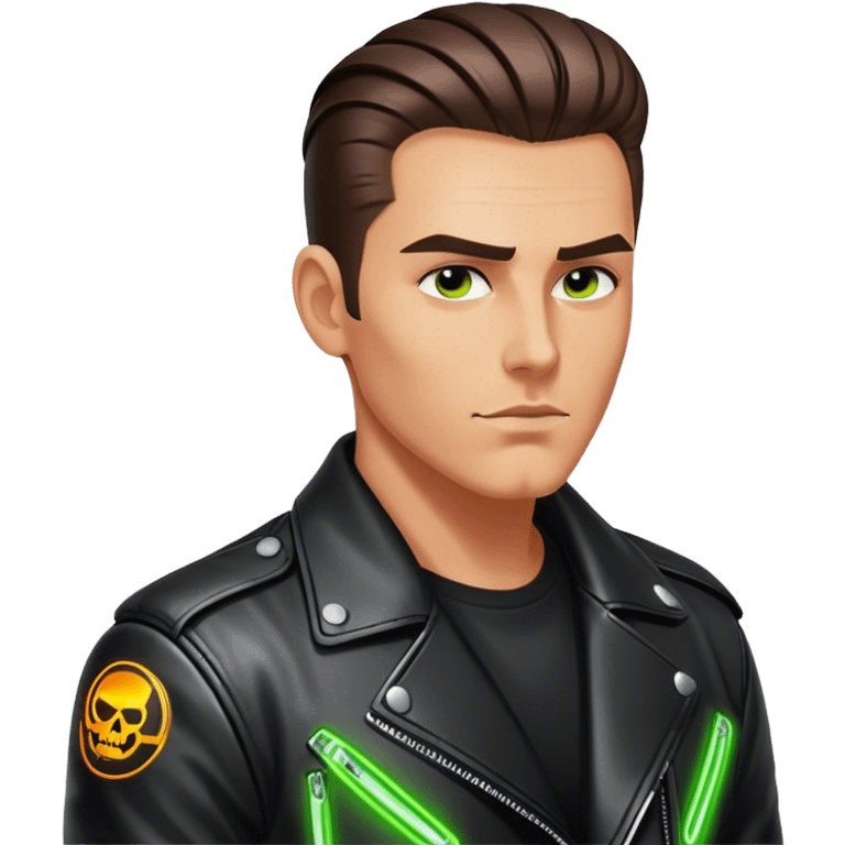 A lone biker with slicked-back hair, wearing a leather jacket, his face partially lit by neon lights emoji