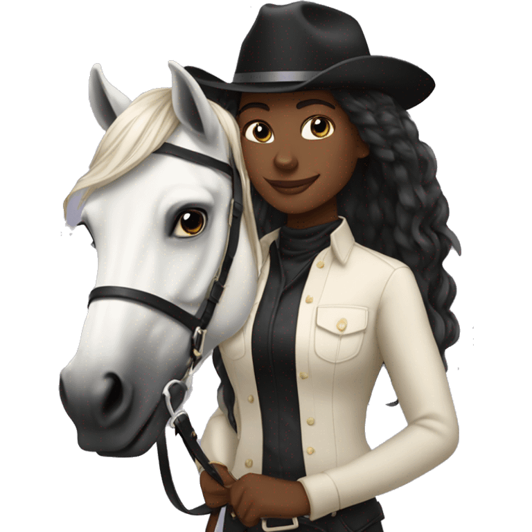 Pretty black equestrian woman long hair cream top holding black stallion reins emoji