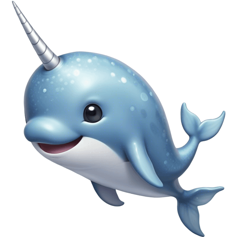 Cinematic Cute Narwhal Portrait Emoji, Head tilted playfully and inquisitively, showcasing a sleek, streamlined body with subtly iridescent, mottled gray skin and a prominently spiraled ivory tusk, complemented by round, sparkling eyes full of gentle wonder, Simplified yet irresistibly adorable features, highly detailed, glowing with a warm, friendly arctic glow, high shine, affectionate and lively, stylized with a touch of whimsical marine charm, soft glowing outline, capturing the essence of a mischievous yet loving narwhal that seems as if it could frolic out of the screen into your heart! emoji