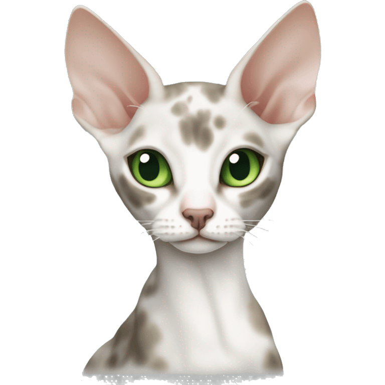 Cornish Rex cat with green eyes, white fur and a gray spot near the eye is cuddled by a blonde with long cut straight hair and green eyes emoji