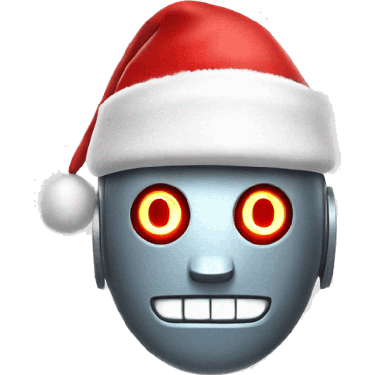 Emoji-style robot head with glowing eyes, wearing a festive red and white Santa hat, cheerful and cartoonish. emoji