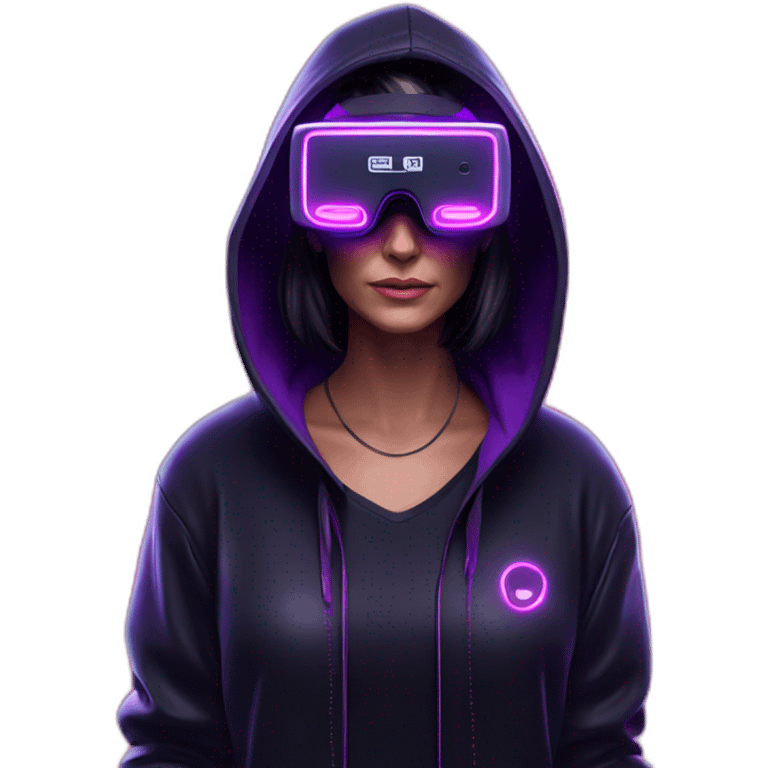 Cathie Wood wearing a black hoodie with "OMG" letters on it and VR headset in a cyberpunk VR environment with violet neon lighting. emoji