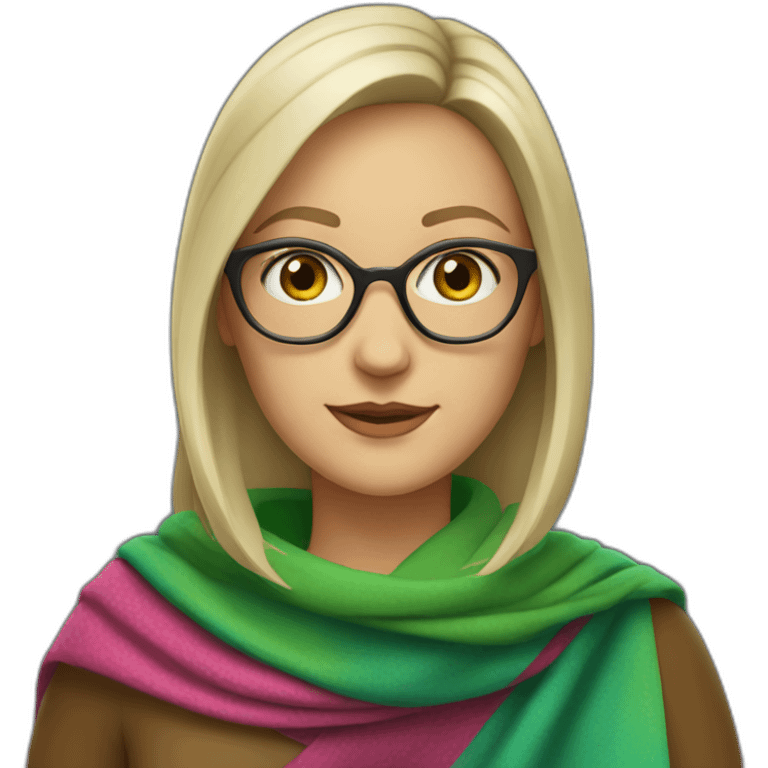 white-woman-with-gray-and-blonde-bob-green-eyes-and-brown-glasses-wearing-colorful-shawl emoji