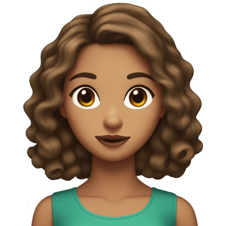 A brown hair girl with medium length wavy at ends hair who has tan skin and brown blackish eyes that look like a deer wit no freckles and a regular nose and eyebrows and with regular sized lips except the top lip is a little bigger emoji