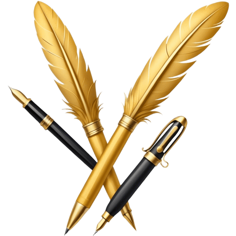 two golden quills with feathers and fountain pen tips crossing in front of each other like an X emoji