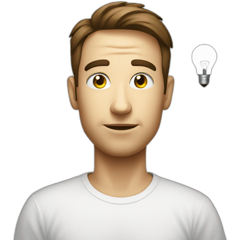 man white tshirt thinking with light bulb emoji