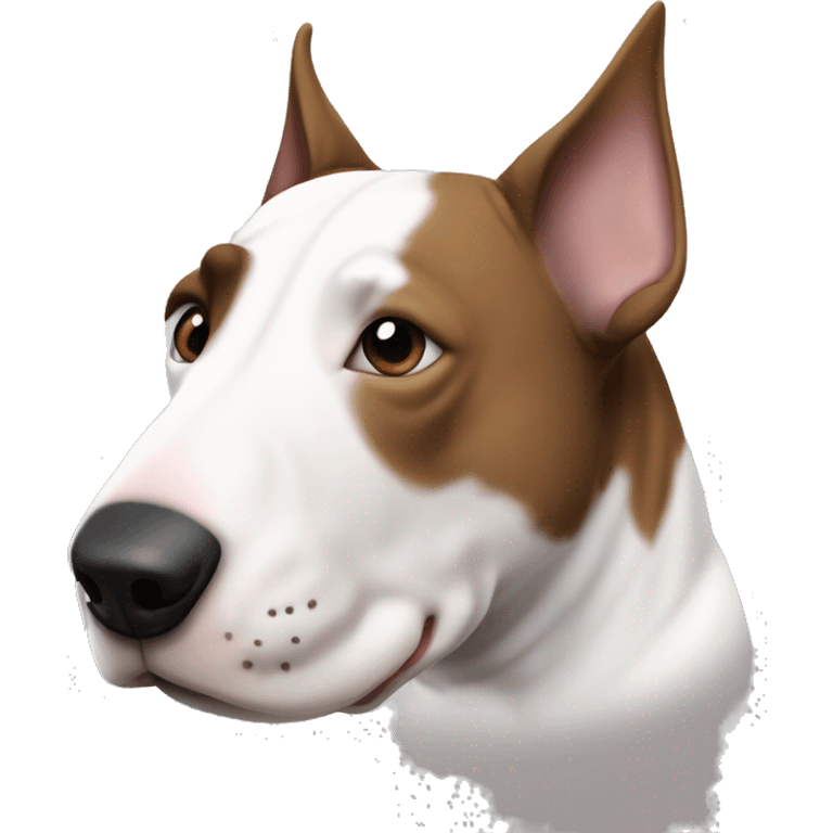 Bull terrier with a brown/brindle face and ears and a black nose but his muzzle is white and he has a white stripe that goes up his nose to his forehead emoji