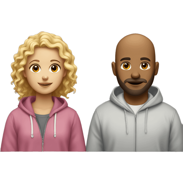 A couple of a girl with beown curly hair and a bald boy with a blond beard. Both wearing hoodies.  emoji