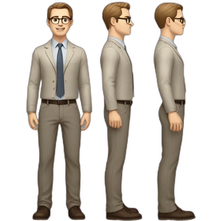 Full height Actively Gesturing Pale skinned fit man with dark brown hair in gray jacket, beige office shirt, brown tie, brown pants and vintage glasses. emoji